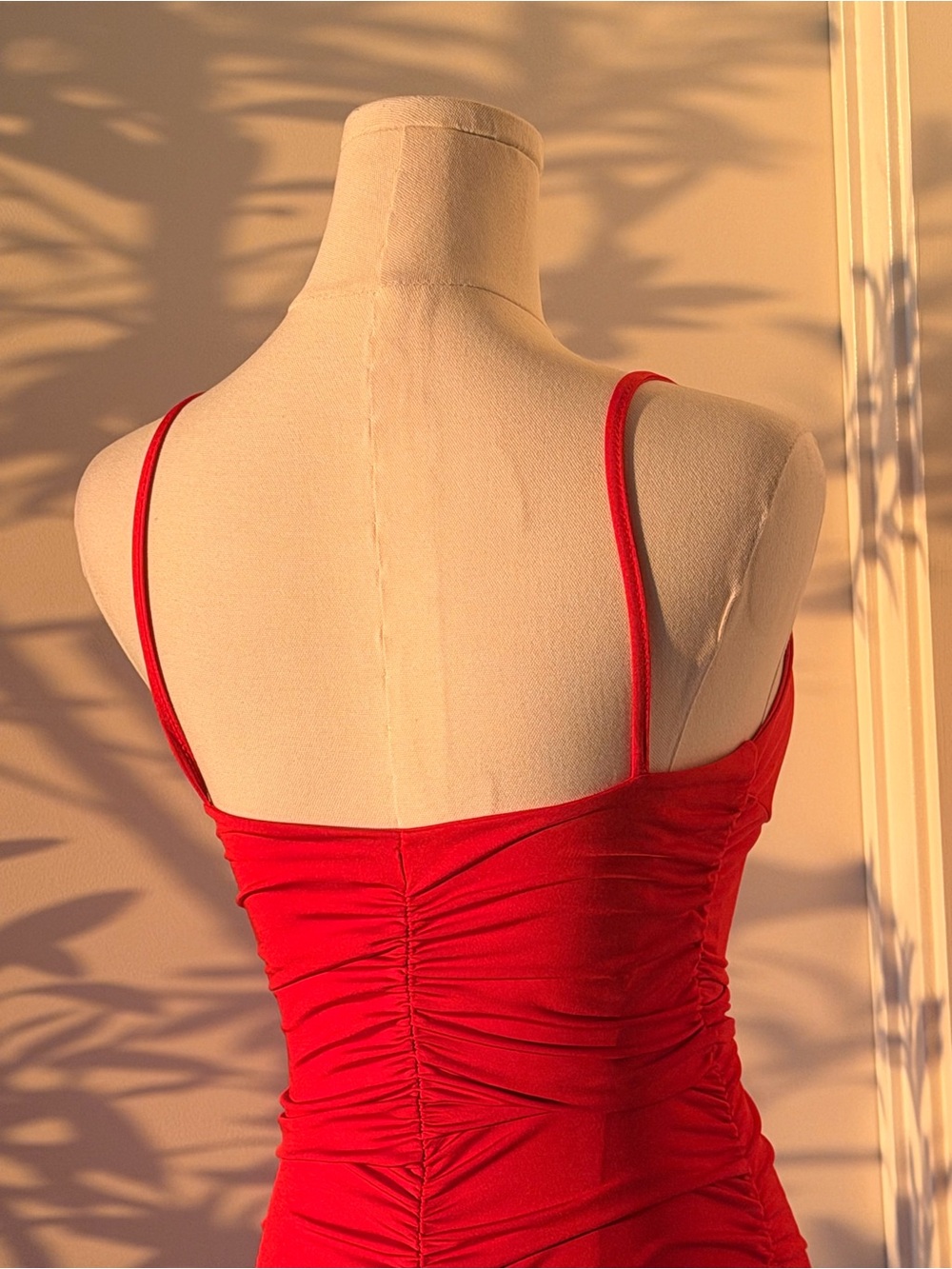 Red Ruched Ruffle-Hem Spaghetti Strap Mini Dress - Picture 4 of 4